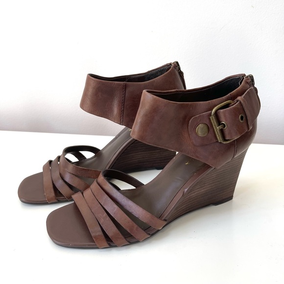 VIA SPIGA BROWN LEATHER WEDGE SANDALS - Picture 2 of 12